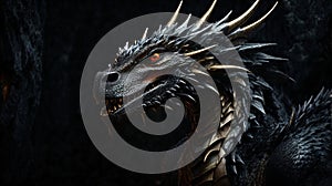 Portrait of a formidable fantasy dragon on a black background. Generative AI image. photo