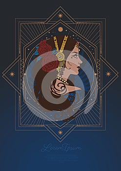 Portrait of a fortune teller in an art deco frame. Vector hand drawn illustration