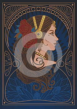 Portrait of a fortune teller in an art nouveau frame. Vector hand drawn illustration