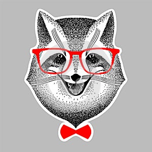 Portrait of a fox in red glasses and bow-tie. Fox hipster style. Stylized fox smiles for poster, print, t-shirt. Liar