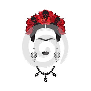 Portrait of Frida Kahlo minimalist Mexican woman with skulls of earrings and red flowers, Mexican Catrina, isolated