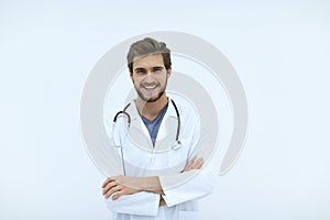 Portrait of a friendly doctor.isolated on white