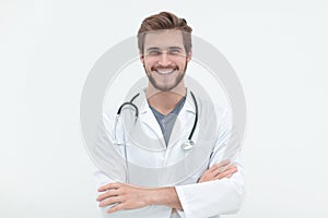 Portrait of a friendly doctor.isolated on white