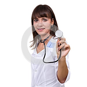 Portrait of a friendly female doctor with stethoscope isolated on white