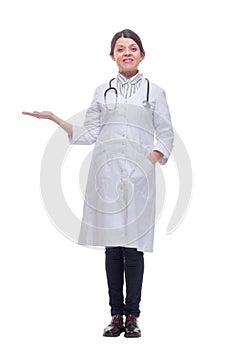 Portrait of friendly, smiling confident female doctor, healthcare professional with labcoat and stethoscope