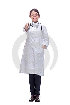 Portrait of friendly, smiling confident female doctor, healthcare professional with labcoat and stethoscope