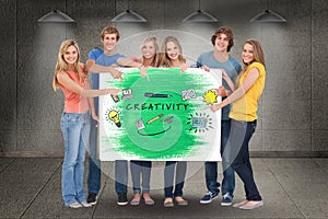 Portrait of friends gesturing on billboard with creativity test and various icons against wall