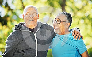 Portrait, friends and senior men in fitness hug at park outdoor after exercise, workout or training together for healthy