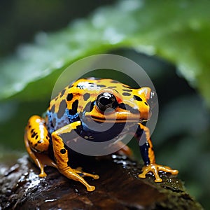 Portrait of frog after the rain on tree. Frog in macro focus