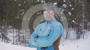 Portrait frozen sports athlete man, portrait of an athlete in winter, running in a cold time,winter sports