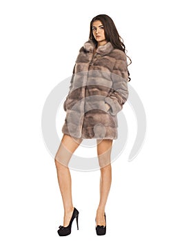 Portrait in full growth on a beautiful woman short mink coat