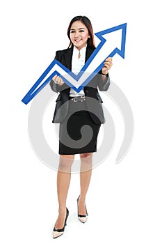 Portrait of full lenght beautiful woman holding chart arrow sign