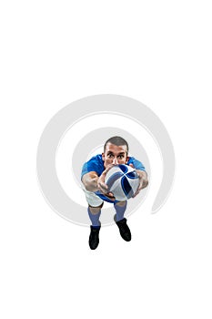 Portrait full length of American football player diving