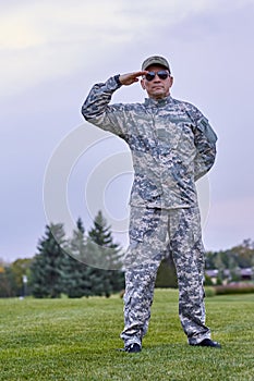 Portrait of full-length soldier saluting.