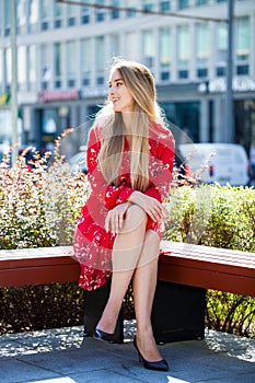 Portrait full length of young beautiful blond woman