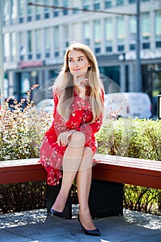 Portrait full length of young beautiful blond woman