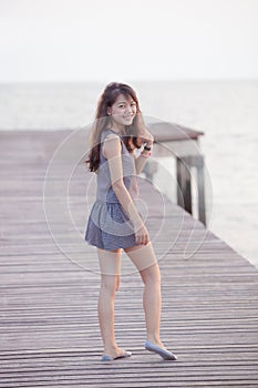 Portrait full slim body with toothy smiling face asian woman re