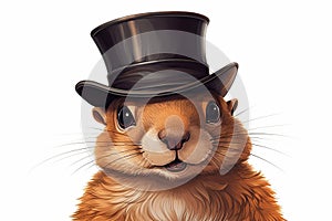 Portrait of a funny cartoon marmot in a tall hat on a white background. Happy Groundhog Day