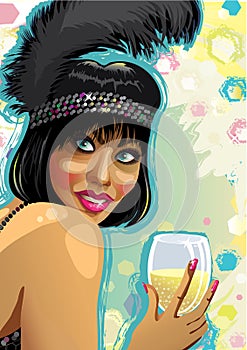 Portrait of funny girl with glass of champagne.Ill