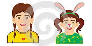 Portrait of Funny Girl in Yellow T-Shirt Isolated on White Background. Face Painting Icon with Girl with Rabbit Painting