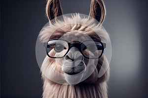 Portrait of a funny llama in glasses, generative ai illustration