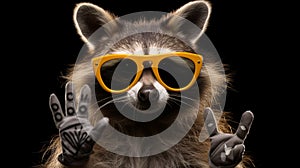 Portrait of a funny raccoon in sunglasses.