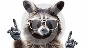 Portrait of a funny raccoon in sunglasses.