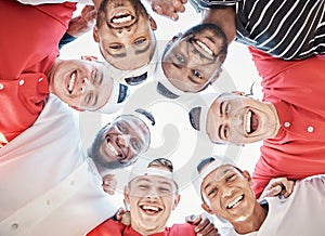 Portrait, funny or sports people in huddle with support, hope or faith on baseball field in game together. Teamwork