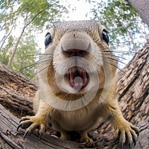 Portrait of Funny squirrel in the forest. 360 degrees panoramic camera, AI generative photo