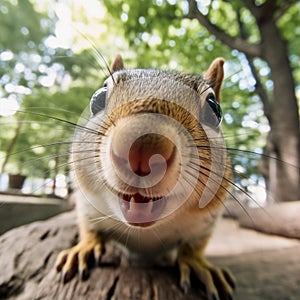 Portrait of Funny squirrel in the forest. 360 degrees panoramic camera, AI generative photo