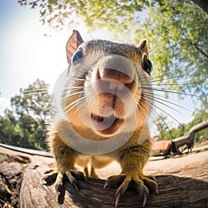 Portrait of Funny squirrel in the forest. 360 degrees panoramic camera, AI generative photo