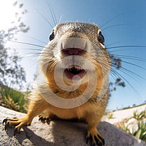 Portrait of Funny squirrel in the forest. 360 degrees panoramic camera, AI generative photo