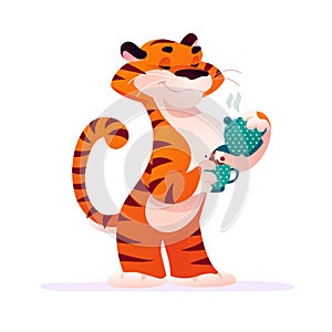 Portrait of funny tiger character with coffee pot and cup in his paws isolated on white background.