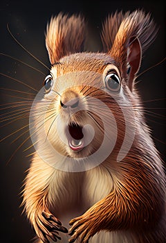 Portrait of a funny very surprised squirrel. AI generated