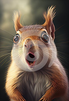 Portrait of a funny very surprised squirrel. AI generated