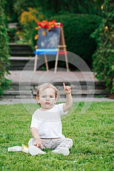 Portrait of funny white Caucasian toddler child kid boy sitting on grass ground outside in summer autumn park by drawing easel