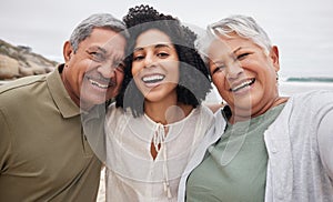 Portrait, funny woman and senior parents at beach on holiday, vacation or travel outdoor. Face, daughter and elderly