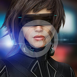 Portrait of a futuristic sci fi female wearing a tactical jump suit and a science fiction visor