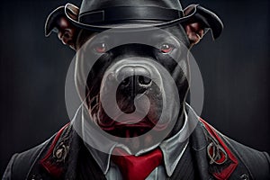 Portrait of a gangster dog in stylish clothes. AI generated