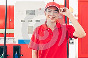 Portrait Gas station service staff Asian male worker happy smiling working car gasoline refill service job