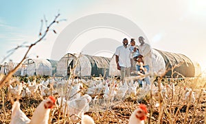 Portrait, gay couple and chicken with black family on farm for agriculture, environment and bonding. Relax, happy and