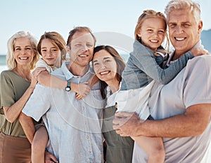 Portrait, generations and big family on beach together, smile and summer vacation travel to tropical island. Men, women