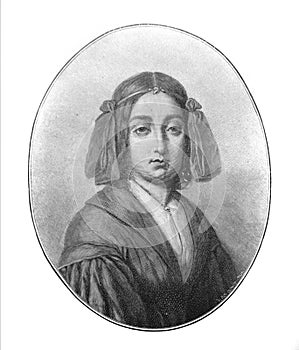 Portrait of George Sand, a French novelist,Vintag memoirist, and Socialist in the old book The Literature of XIX century, by E.A. photo