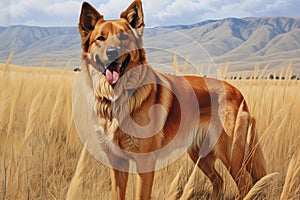 Portrait of a German Shepherd on a background of yellow grass