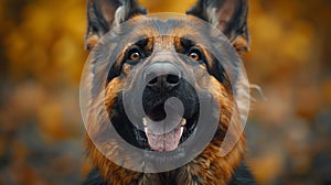 Portrait of a German Shepherd dog with autumn leaves background