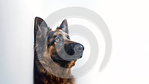 Portrait of German shepherd dog close up isolated on white background. Beautiful brown dog 4k video