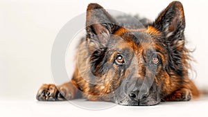 Portrait of German shepherd dog close up isolated on white background. Beautiful brown dog 4k video