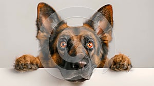 Portrait of German shepherd dog close up isolated on white background. Beautiful brown dog 4k video