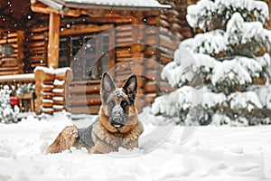Portrait of German shepherd dog in snow in front of log cabin. Generative AI