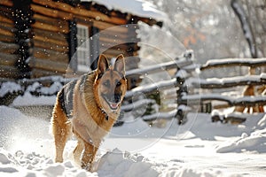 Portrait of German shepherd dog in snow in front of log cabin. Generative AI